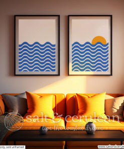 interior photograph showing two geometric coastal art prints